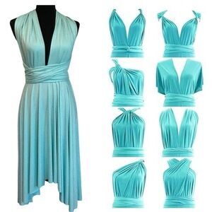 Light blue asymmetrical handkerchief hem open back halter infinity dress Sz M